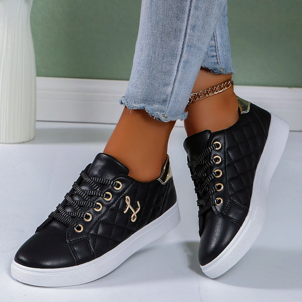 Women's Platform Sneakers - Quilted Design - Lace-Up - Casual Stylish Footwear