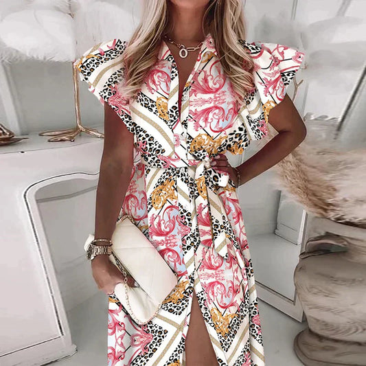Waist Tie Ruffle Sleeve Midi Dress