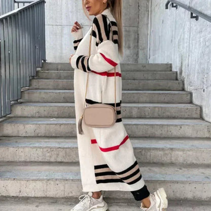 Women's striped loose long-sleeved knitted cardigan sweater jacket