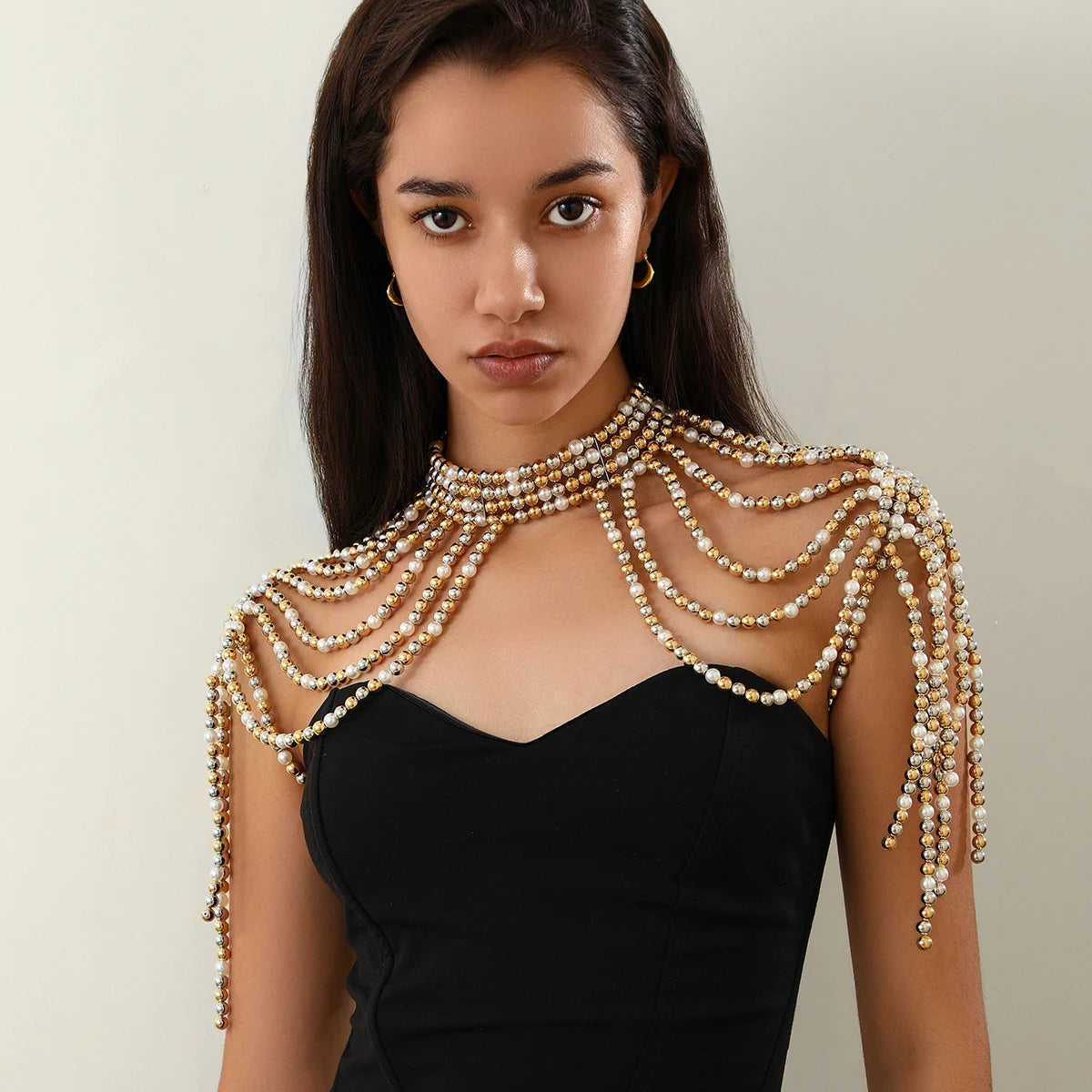 Women's multilayer pearl shoulder chain necklace with tassel design