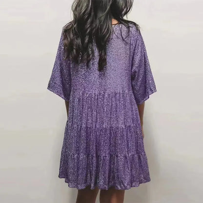 Women's Sequin Dress - A-Line Silhouette - Mid Sleeve - Round Neck - Party Wear