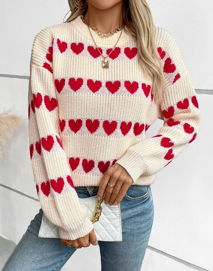 Women's jacquard love pattern crew neck pullover sweater