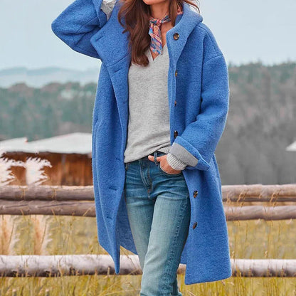 Women’s Long Coat - Oversized Fit - Button-Front - Textured Fabric - Wide Notched Collar
