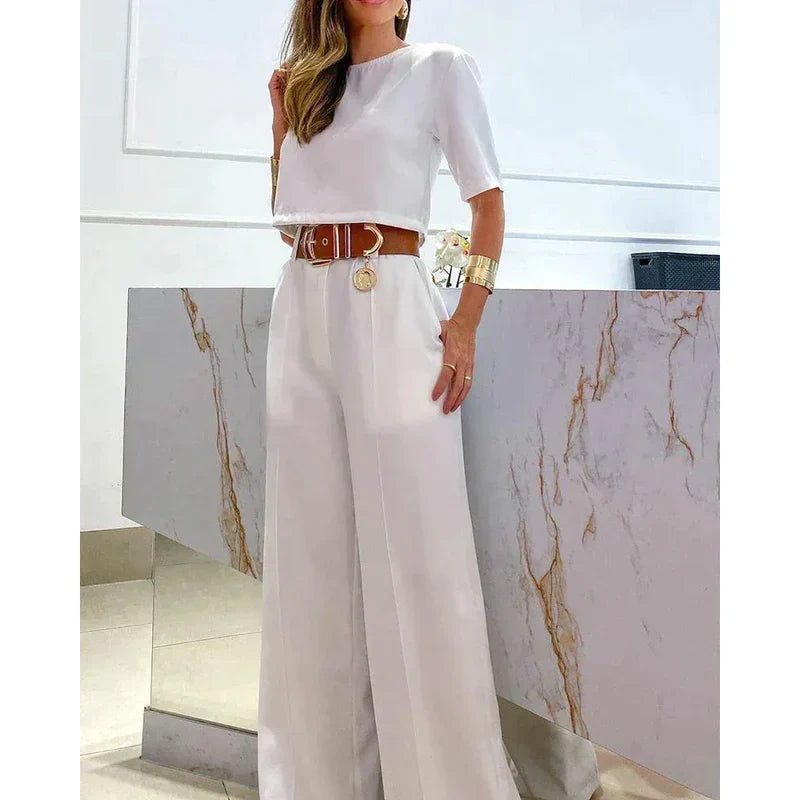 Women's summer short-sleeved cropped top wide leg pants set