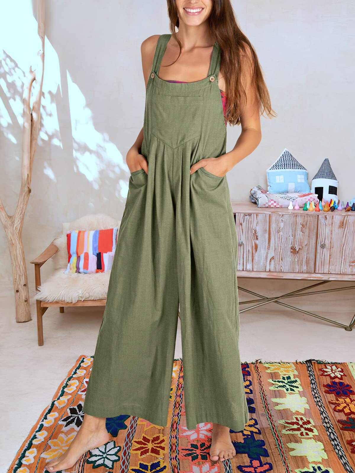 Women's Linen Jumpsuit - Loose Fit Wide-Leg - Sleeveless Adjustable Strap - Casual Wear