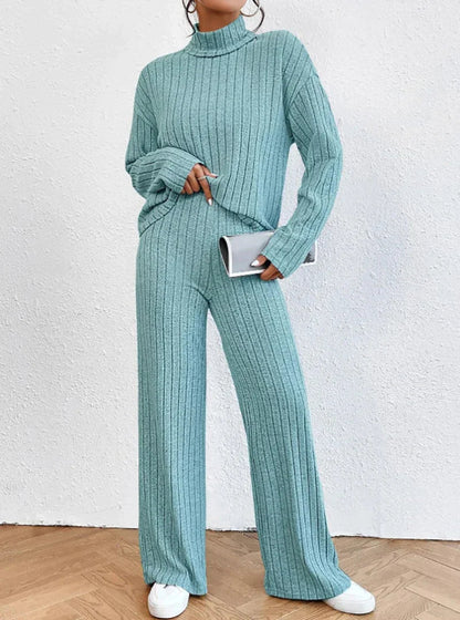 Women's solid color high collar long sleeve ribbed two-piece set