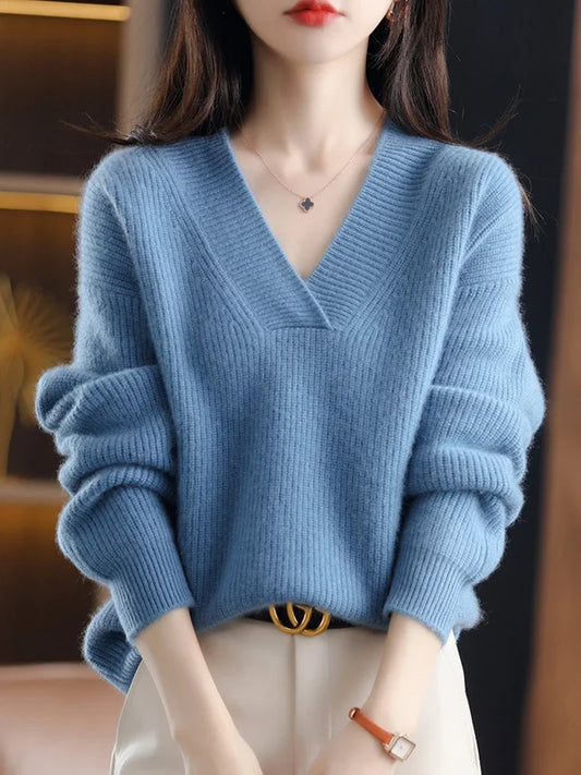 Ribbed Knit Relaxed Fit V-Neck Sweater