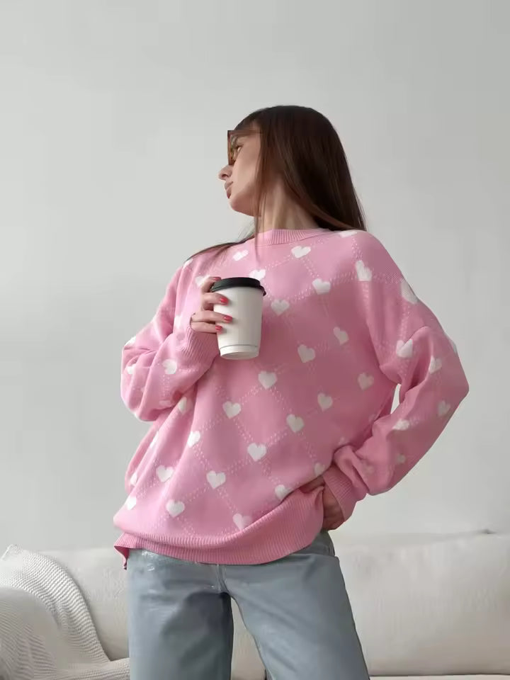 Women’s Sweater – Knit Blend – Loose Fit – Crew Neck – Heart Pattern – Mid Length
