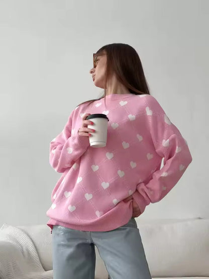 Women’s Sweater – Knit Blend – Loose Fit – Crew Neck – Heart Pattern – Mid Length