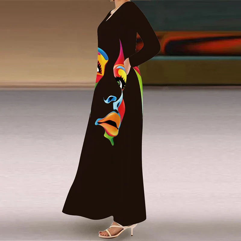 Women's long sleeve v-neck maxi dress colorful face print