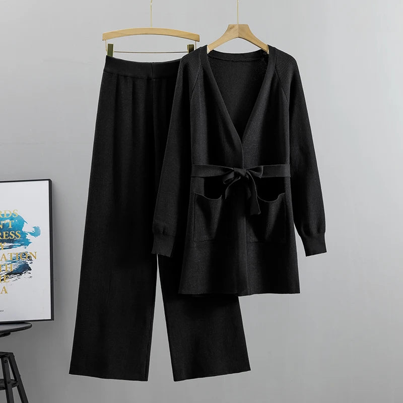 Women's autumn winter knit cardigan wide leg pants sets