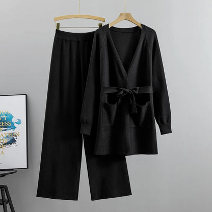 Women's autumn winter knit cardigan wide leg pants sets