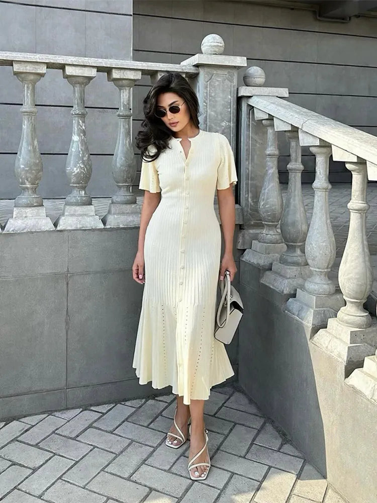 Form-Fitting Button Front Knit Dress
