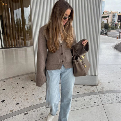 V-neck wool knitted sweater cardigan for women
