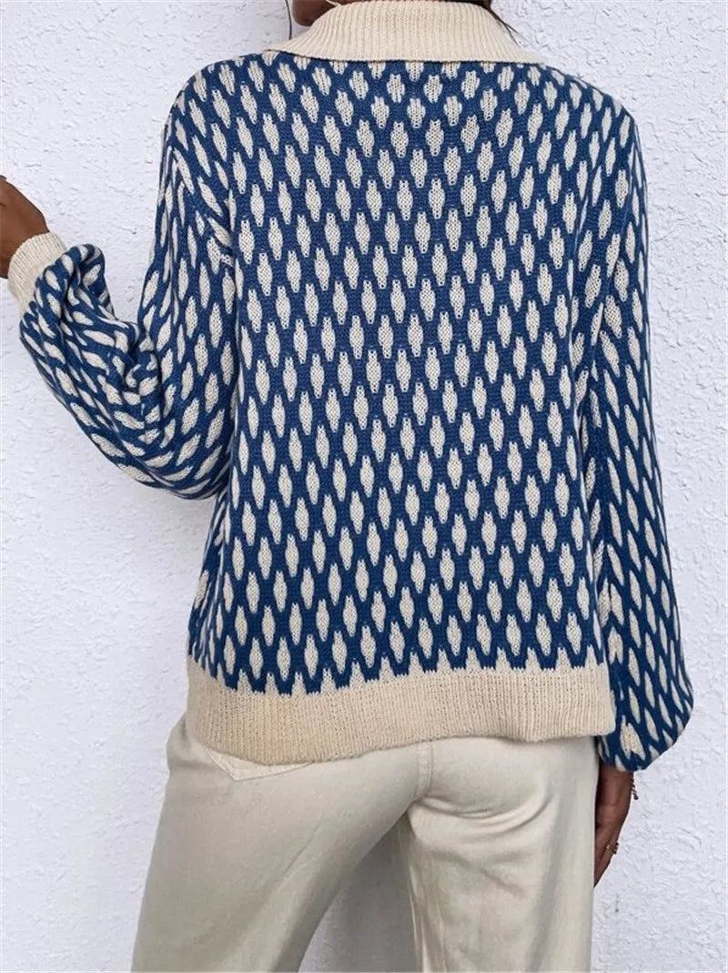 Women's vintage oversized knitwear plaid collar sweater