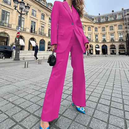 Women's lapel one-button closure blazer and pants 2-piece outfit set