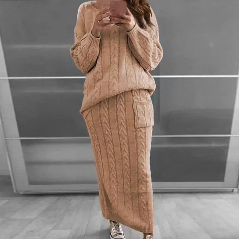 Women's winter knit sweater and skirt set streetwear