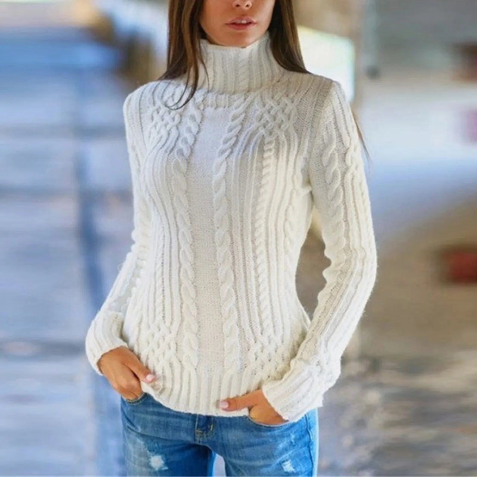 High-neck cable knit sweater for women