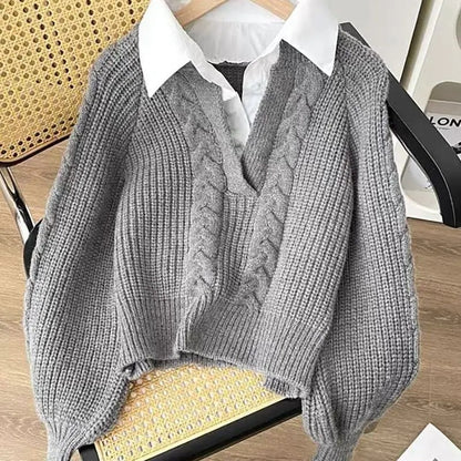 Women's Knitted Sweater - Cable Knit - V-Neck Cropped - Long Balloon Sleeves