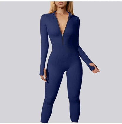 Women's Jumpsuit - Form-Fitting Stretch Fabric - Long Sleeve Zip Front - Casual Wear