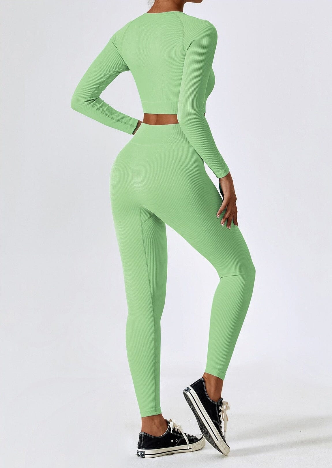 Women's Ribbed Knit Two-Piece Set - Long Sleeve Crop Top & High-Waisted Leggings
