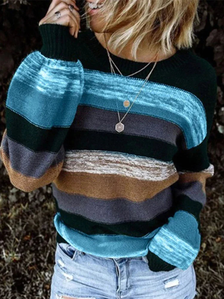 Women's round neck contrast stitch striped loose sweater