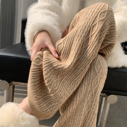 Women’s Knit Pants - Cable Knit Texture - Wide Leg - Soft Wool Blend - Relaxed Fit