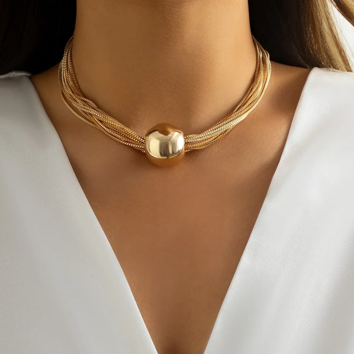 Women's Layered Choker Necklace - Multi-Strand Chain - Polished Ball Pendant