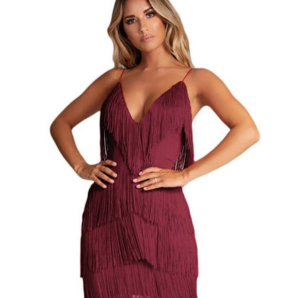 Women's Mini Dress - Fringed Layered Design - Plunging V-Neck - Spaghetti Straps - Fitted Silhouette