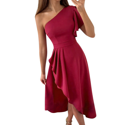 Women’s One-Shoulder Midi Dress – Asymmetrical High-Low Hem – Elegant Formal Wear