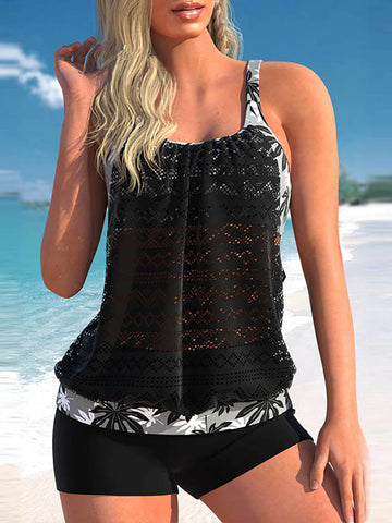 Two-piece tankini swimsuit with lace overlay for women