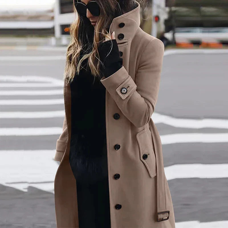 Women's button-down belted high-neck trench coat