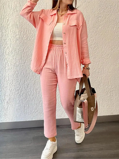 Women's casual long sleeve shirt and loose button pants set