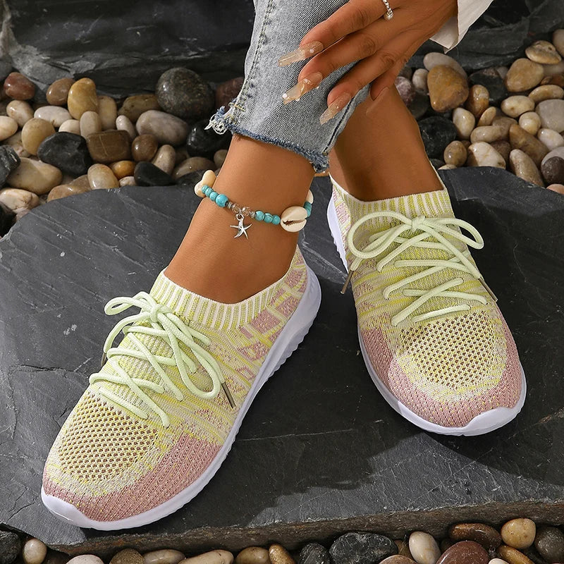 Women's breathable knit platform sneakers mix color slip-on