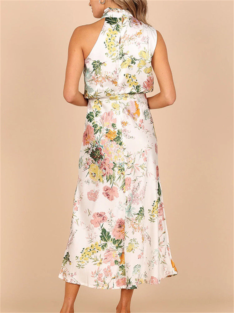 Women's Sleeveless Maxi Dress - Draped High Neck - Fitted Waist - Floral Elegant Wear