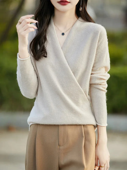 Women’s V-Neck Pullover Sweater – Wool Knit – Relaxed Fit – Long Sleeve Wrap Style