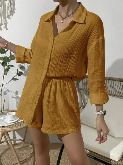 Women's 2-piece long sleeve shirt & high waist mini shorts set