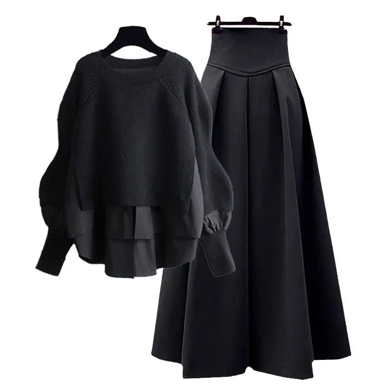 Women's large autumn winter splicing two-piece suit with slim skirt