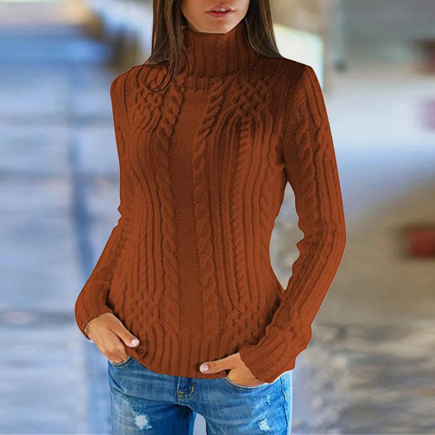 High-neck cable knit sweater for women
