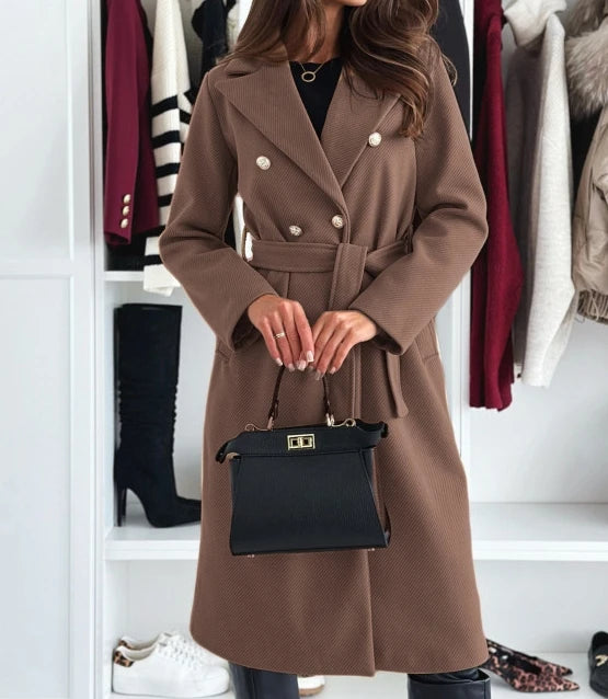 Elegant women’s double-breasted coat with tie closure
