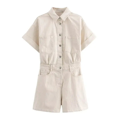 Women's Denim Romper - Button-Up Short Sleeve - Fitted Waist with Pockets
