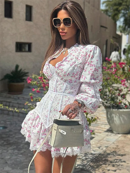 Women's Floral Print Mini Dress - Puff Sleeve - Corset Waist - V-Neck Flowy Fit
