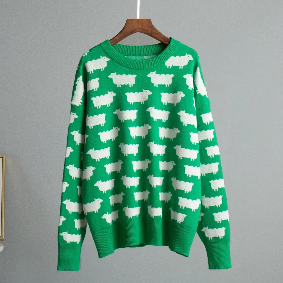 Women's Knit Sweater - Crew Neck - Relaxed Fit - Sheep Pattern Casual Pullover