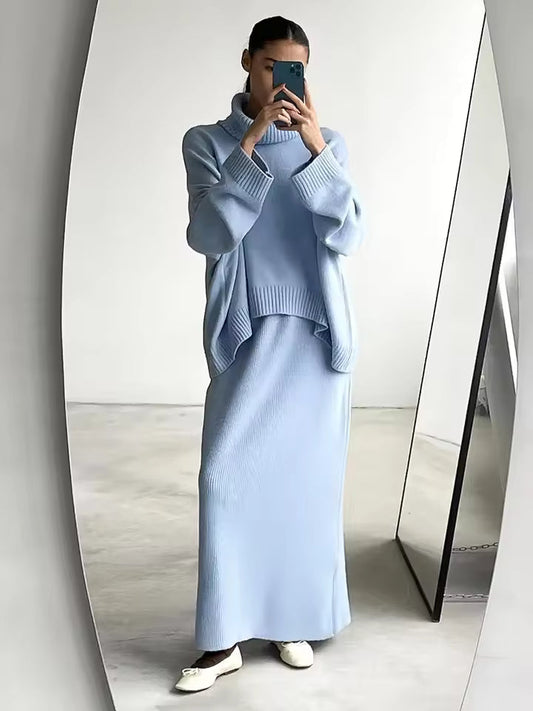 Two-Piece Wool Blend Oversized Knit Maxi Skirt Set 