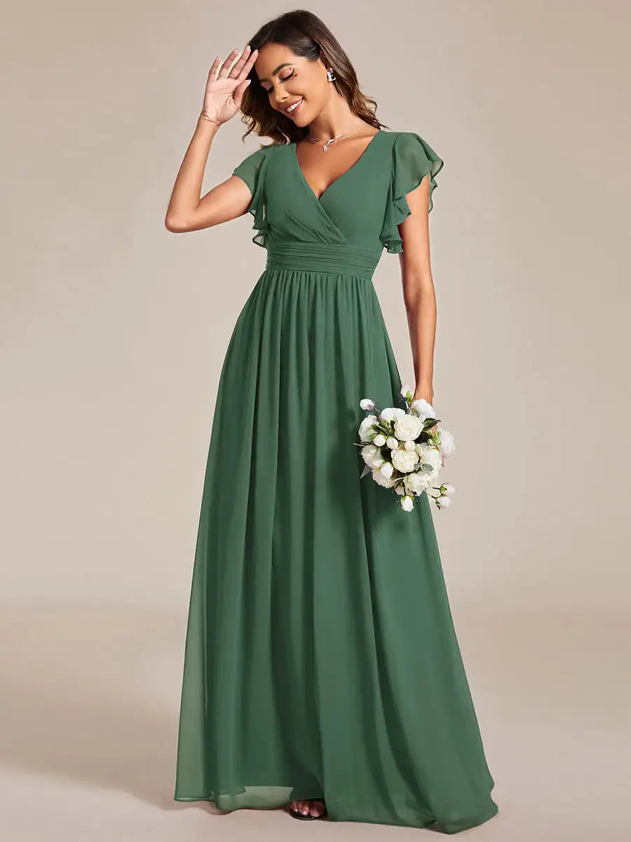 Women’s Evening Gown – Chiffon A-Line – V-Neck – Flutter Sleeve – Empire Waist