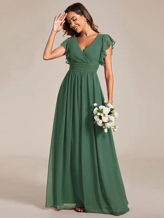 Chiffon Flutter Sleeve A-Line Evening Gown