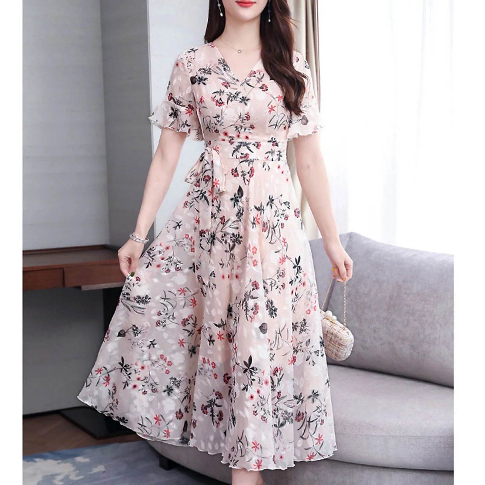 Floral Print Fitted Waist Maxi Dress