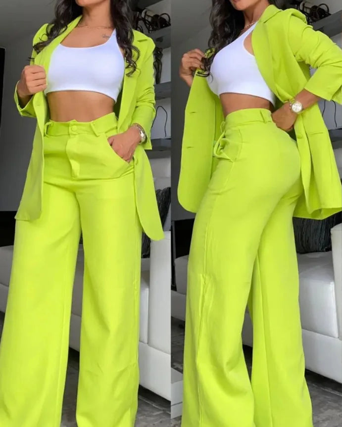 Women's blazer suit with slit sleeves and high waist wide leg trousers two-piece set