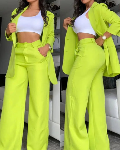 Women's blazer suit with slit sleeves and high waist wide leg trousers two-piece set