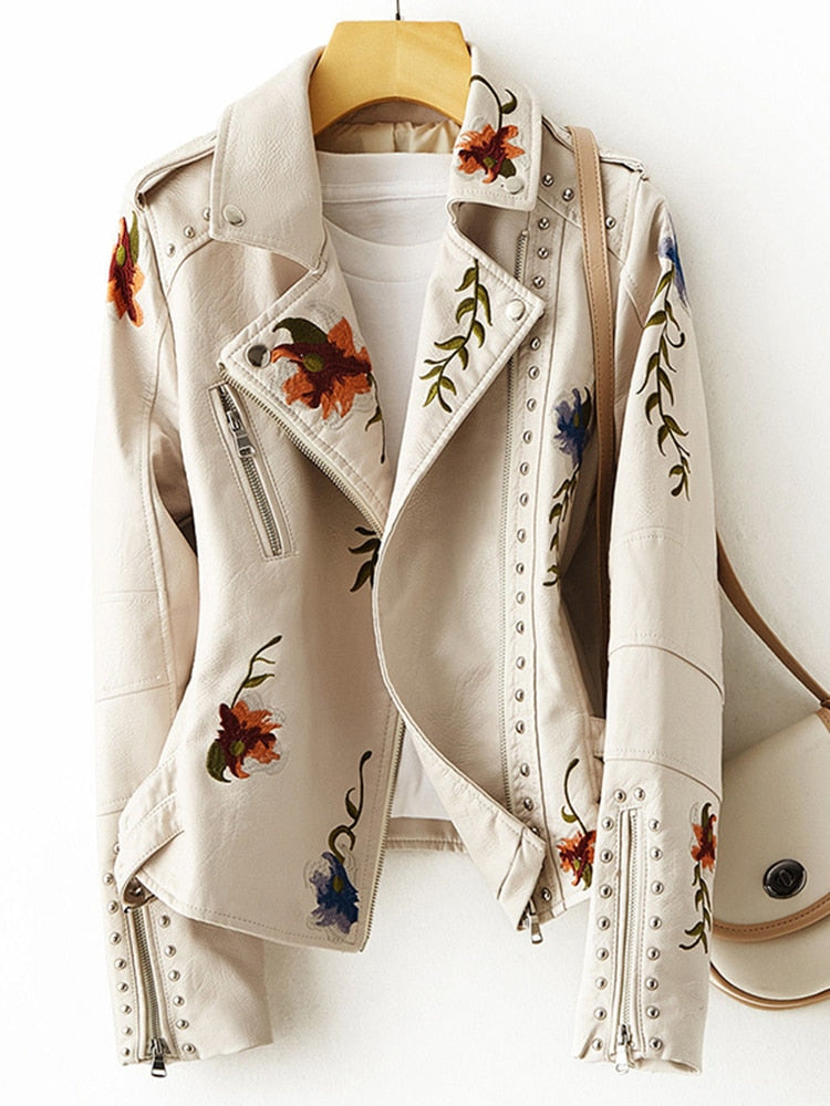 Women's modern leather jacket with floral embroidery